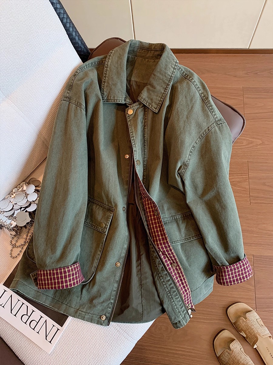 Down Jacket Packable - Vintage Army Green Denim Jacket Women