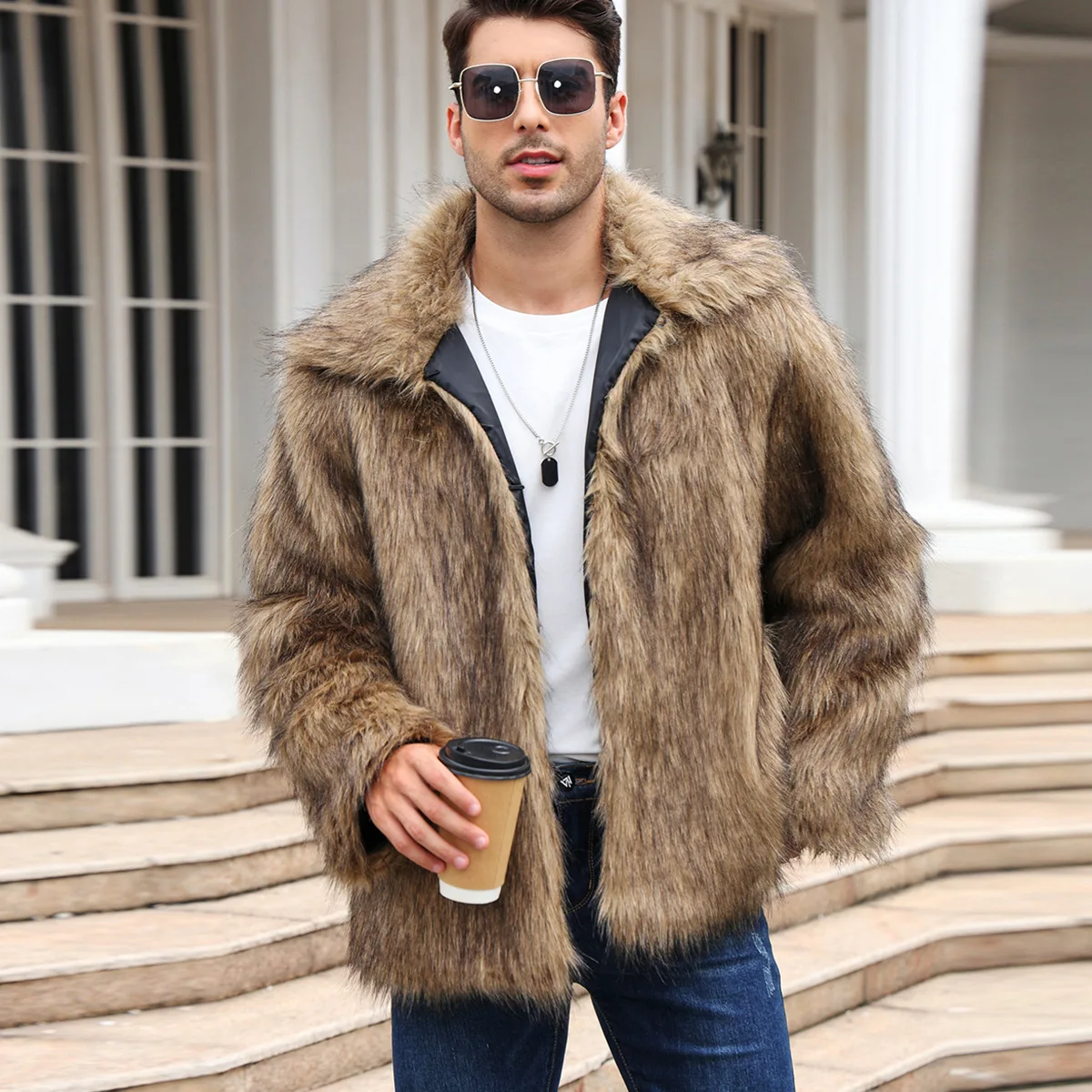 Men Faux Fox Fur Jacket Coat W - Down Jacket Packable 评论和价格